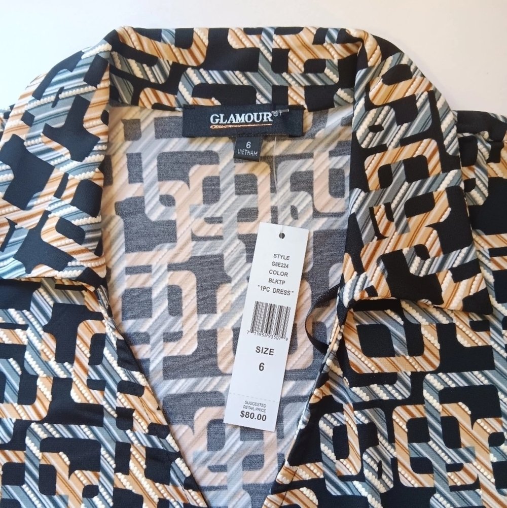 Dress Glamour, Faux wrap Dress geometric, Full stretch, Business,Formal,sz 6. - Picture 4 of 17